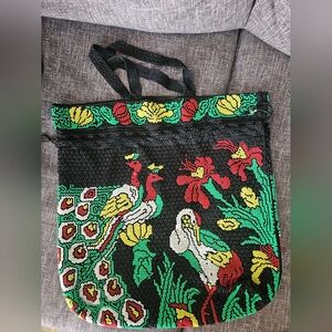 Gorgeous Vintage Retro Beaded Peacock Floral Drawstring Handbag.